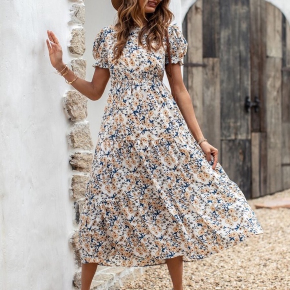 Boho floral print puff sleeve A-line midi dress - Picture 5 of 7
